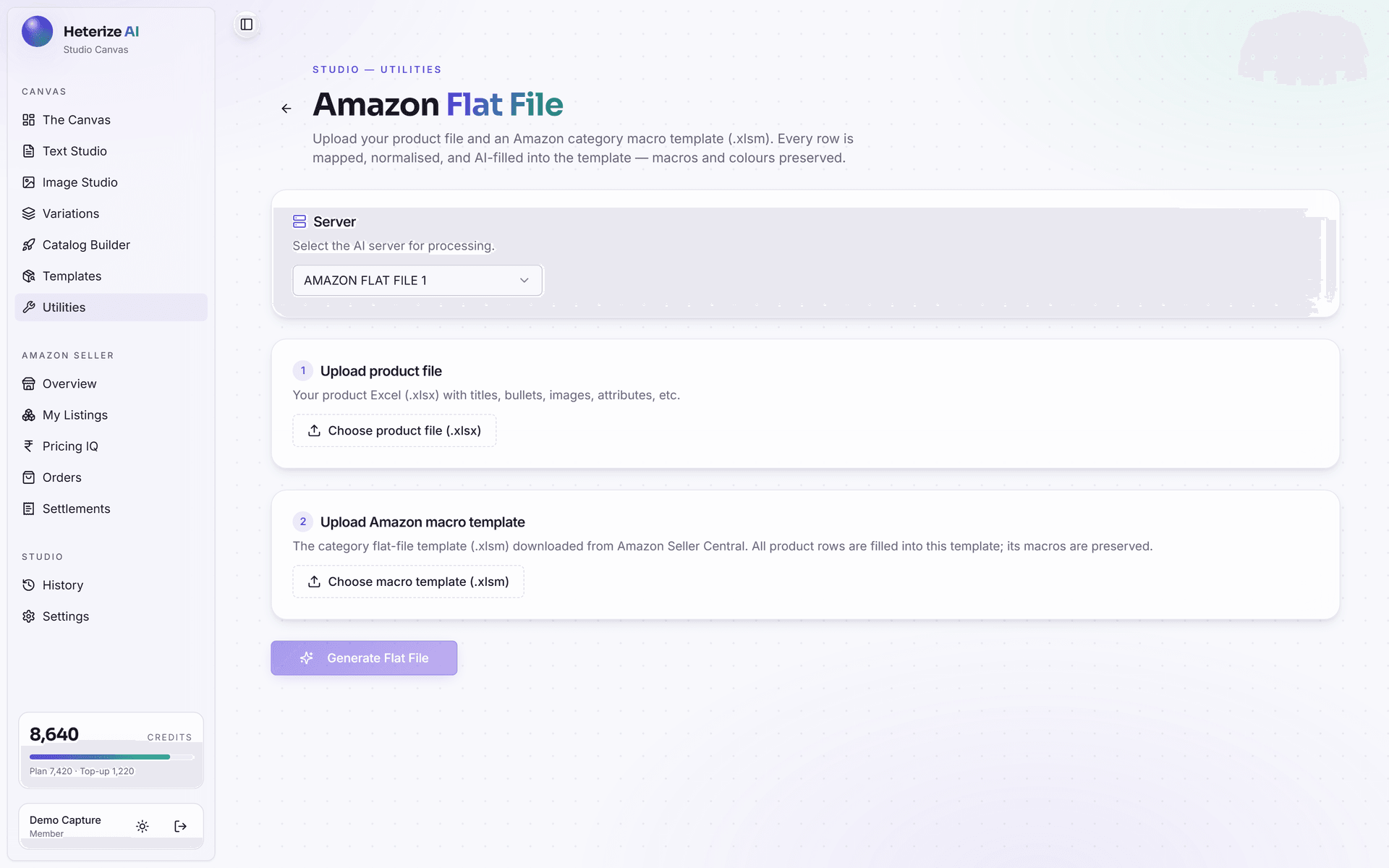 Heterize AI Amazon Flat File tool: server selection, product file upload and Amazon macro template upload