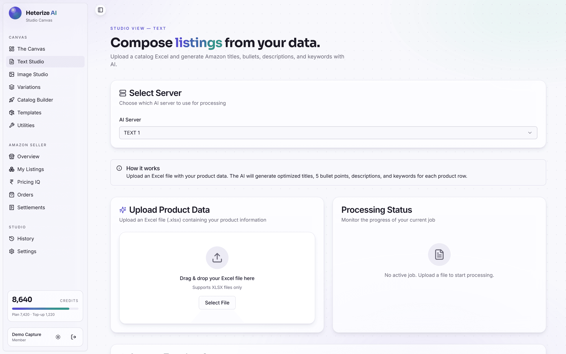 Heterize AI Text Studio: generating Amazon titles, bullets, descriptions and keywords from an uploaded product spreadsheet