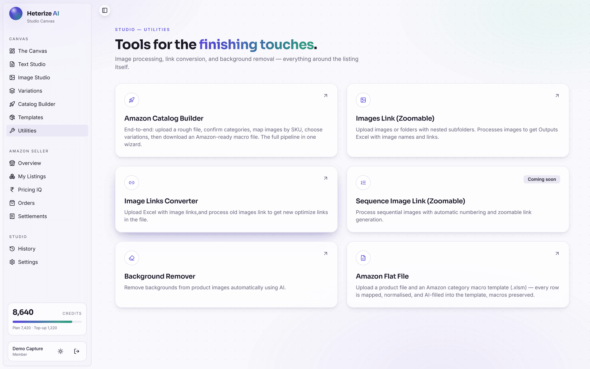 Heterize AI Engine utilities hub: Amazon Catalog Builder, Images Link, Image Links Converter, Background Remover and Amazon Flat File
